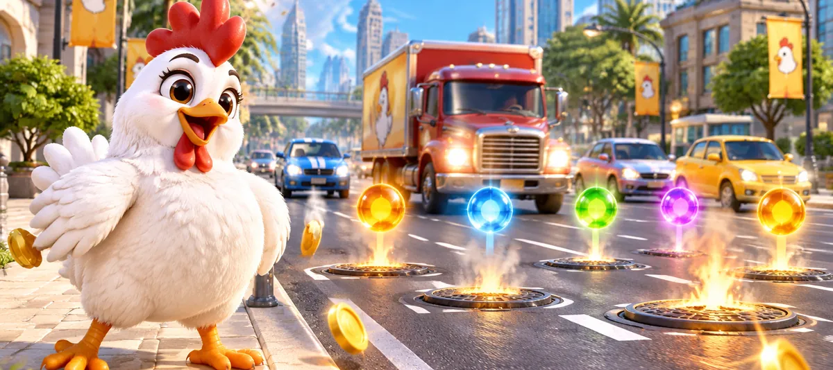 Illustratie: de kip op de stoep aan de start van een nieuwe, bredere weg met putdeksels en een naderende vrachtwagen