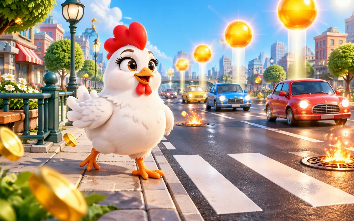 Illustratie: Medium, de kip staat zelfverzekerd op de stoep bij een weg met een paar auto’s