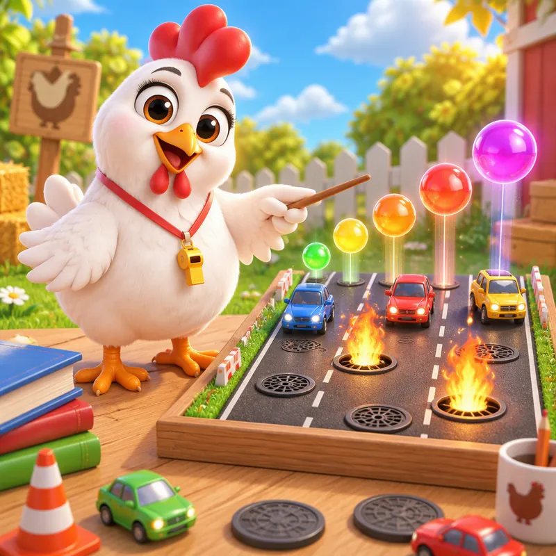 Illustratie: de kip legt de spelregels uit bij een speelgoedmodel van de weg
