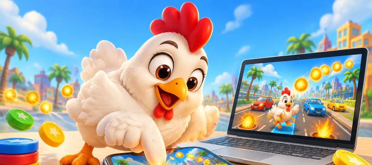 Illustratie: de kip tikt op een grote telefoon met het spel, naast een laptop en speelfiches zonder waarde